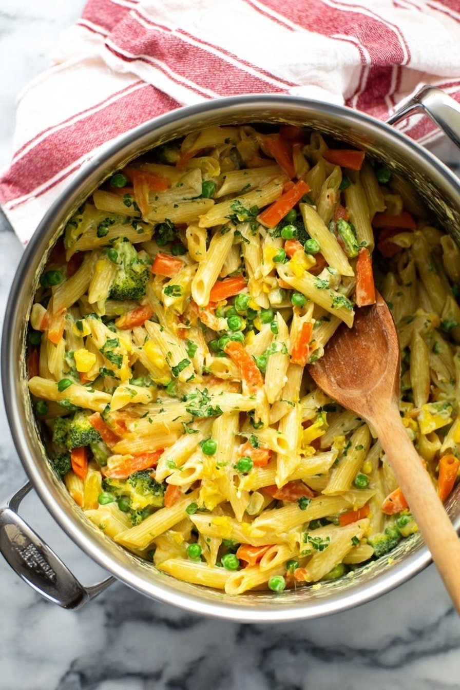 This image shows a silver pot filled with creamy pasta mixed with vegetables. The pasta is penne shaped and covered in a light sauce. Scattered through the pasta are bright orange carrot sticks, small green peas, light green broccoli pieces, and bits of yellow bell pepper. Small bits of chopped parsley are sprinkled on top. A wooden spoon is stirring the pasta, with the handle dipping into the pot from the right side. The pot rests on a white marbled surface with a blue and white striped cloth nearby. Photo taken with an iphone --ar 2:3 --v 7