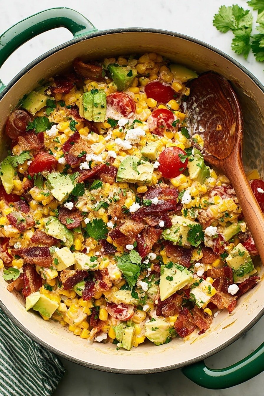 A large white bowl filled with a colorful layered salad sits on a white marbled surface, showing bright yellow corn kernels and pieces of cut avocado with pale green flesh, scattered chunks of red cherry tomatoes, and crispy dark reddish-brown bacon strips throughout. Crumbled white cheese is spread over the top, along with fresh green cilantro leaves that add a touch of brightness. A silver serving spoon rests within the bowl, partially submerged in the salad, showing the mix of colors and textures. Photo taken with an iphone --ar 2:3 --v 7