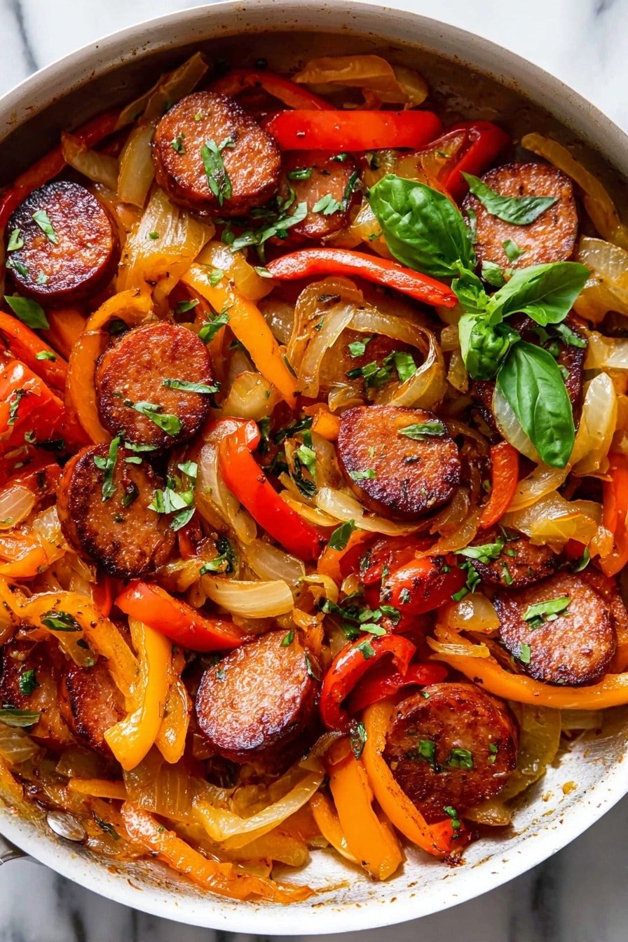 A metal pan filled with three layers: the bottom layer has caramelized translucent onion slices with light golden edges, the middle layer has bright orange and red bell pepper strips with a soft shiny texture, and the top layer has thick, round, browned sausage slices with a slightly glossy surface sprinkled with tiny green herbs and small pieces of chopped green onion. A small basil leaf cluster garnishes the right side of the pan. The pan is placed on a white marbled surface. Photo taken with an iphone --ar 2:3 --v 7