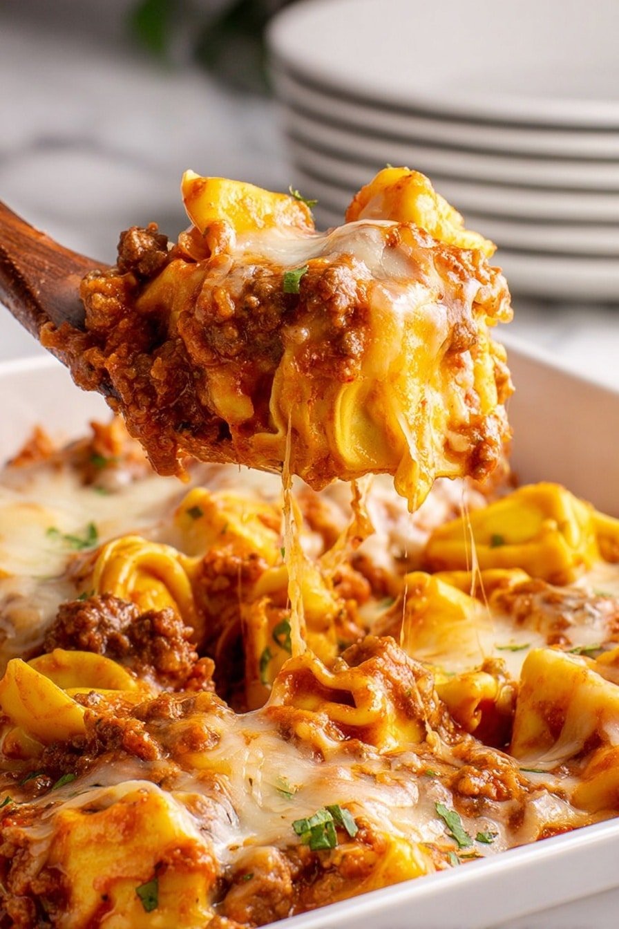 A close-up of a spoon lifting a serving from a white rectangular dish filled with a layered pasta bake. The dish has multiple layers including square pasta pieces that are yellow and slightly browned at the edges, a thick layer of melted cheddar and mozzarella cheese that looks shiny and gooey, and a rich meat sauce with small browned chunks of ground beef mixed with tomato sauce. There are small green herb bits sprinkled on top of the cheese and dish, adding color contrast. The background shows a stack of white plates on a white marbled surface. photo taken with an iphone --ar 2:3 --v 7