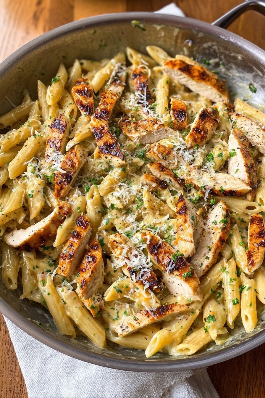 A metal pan filled with creamy penne pasta mixed with sliced grilled chicken pieces that are golden brown and slightly charred on the edges, all coated in a light cream sauce. The pasta is pale yellow with a glossy texture, and there are small green herb bits scattered throughout, as well as finely grated white cheese sprinkled on top. The pan rests on a wooden surface, and a white cloth napkin is partially visible in the background. photo taken with an iphone --ar 2:3 --v 7