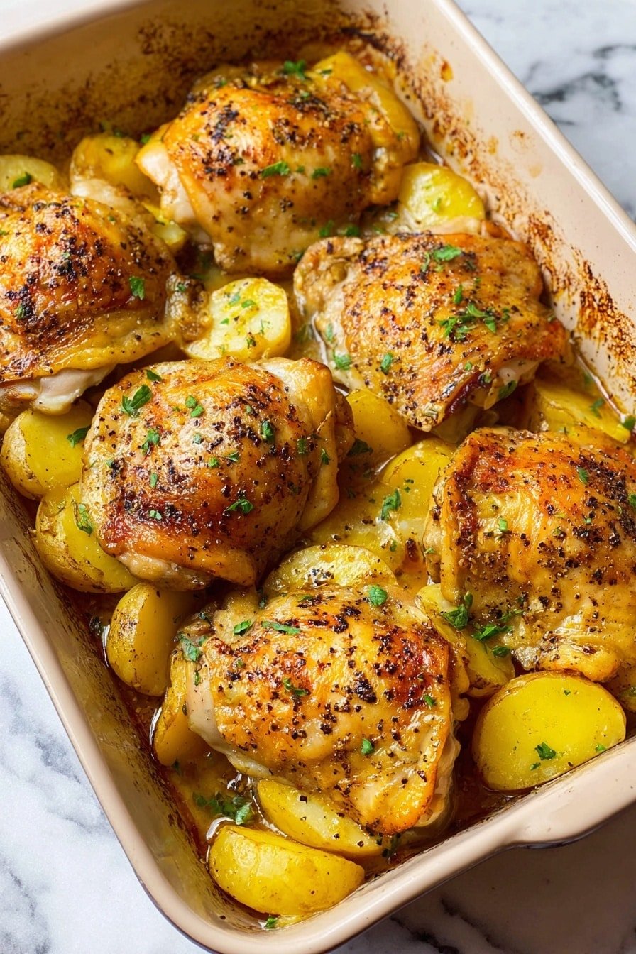 A beige roasting pan filled with six golden-brown cooked chicken thighs sprinkled with black pepper and chopped green herbs. Underneath the chicken layers are slices of light yellow roasted potatoes, some showing a soft texture soaked in chicken juices. The chicken skin has a slightly crispy texture with darker spots of roasting, and the herbs add small green accents across the dish. The pan edges show some browned bits from cooking. The background is a white marbled texture photo taken with an iphone --ar 2:3 --v 7