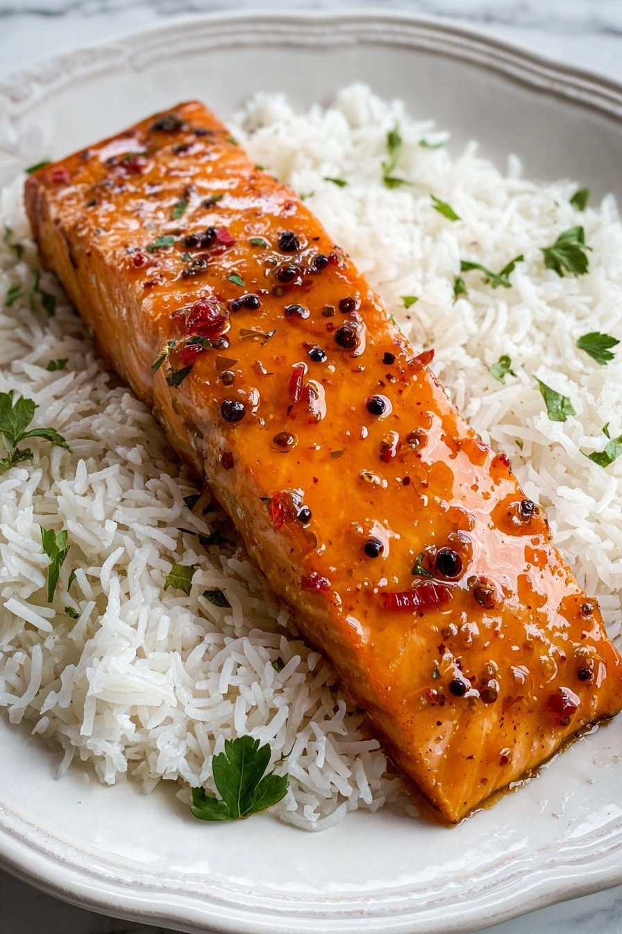 A single rectangular piece of glazed salmon is placed in the center on top of a bed of white fluffy rice. The salmon has a bright orange color with a shiny glaze and is speckled with whole black peppercorns and small bits of red seasoning. The rice underneath looks soft and is sprinkled with small green parsley leaves. The dish is served on an ornate white plate with a simple design, resting on a white marbled surface. photo taken with an iphone --ar 2:3 --v 7