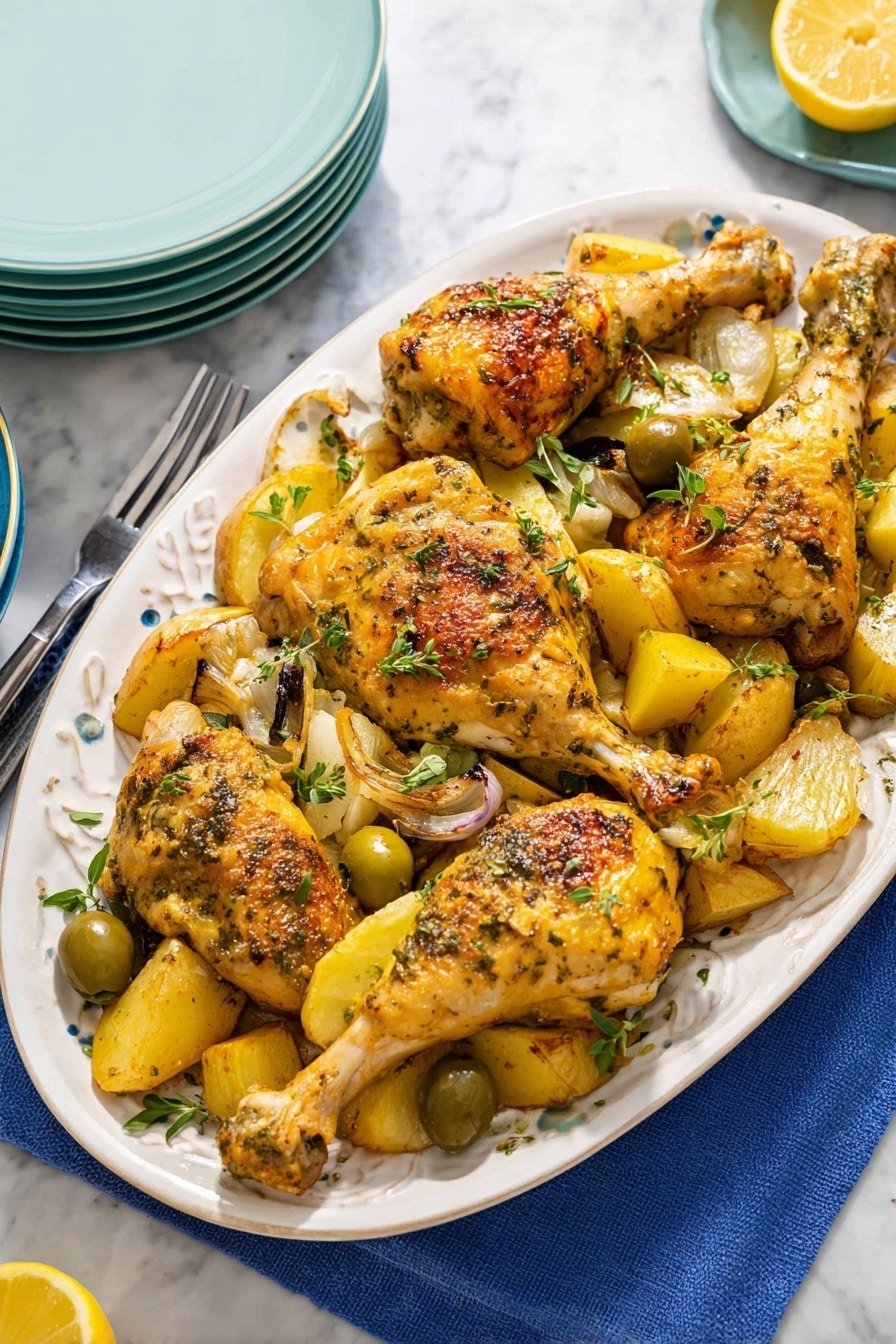 A large ornate white oval plate holds four golden yellow baked chicken pieces with visible herbs and a slight crisp brown texture on top, laid out with three drumsticks and one thigh piece. Around and between the chicken pieces are chunks of roasted yellow potatoes, green olives, and pale onion pieces, all seasoned with herbs and small green leaves sprinkled on top. The plate is resting on a blue cloth on a white marbled surface, with stacked pale blue plates, silver forks, and a sliced lemon partially visible nearby. photo taken with an iphone --ar 2:3 --v 7