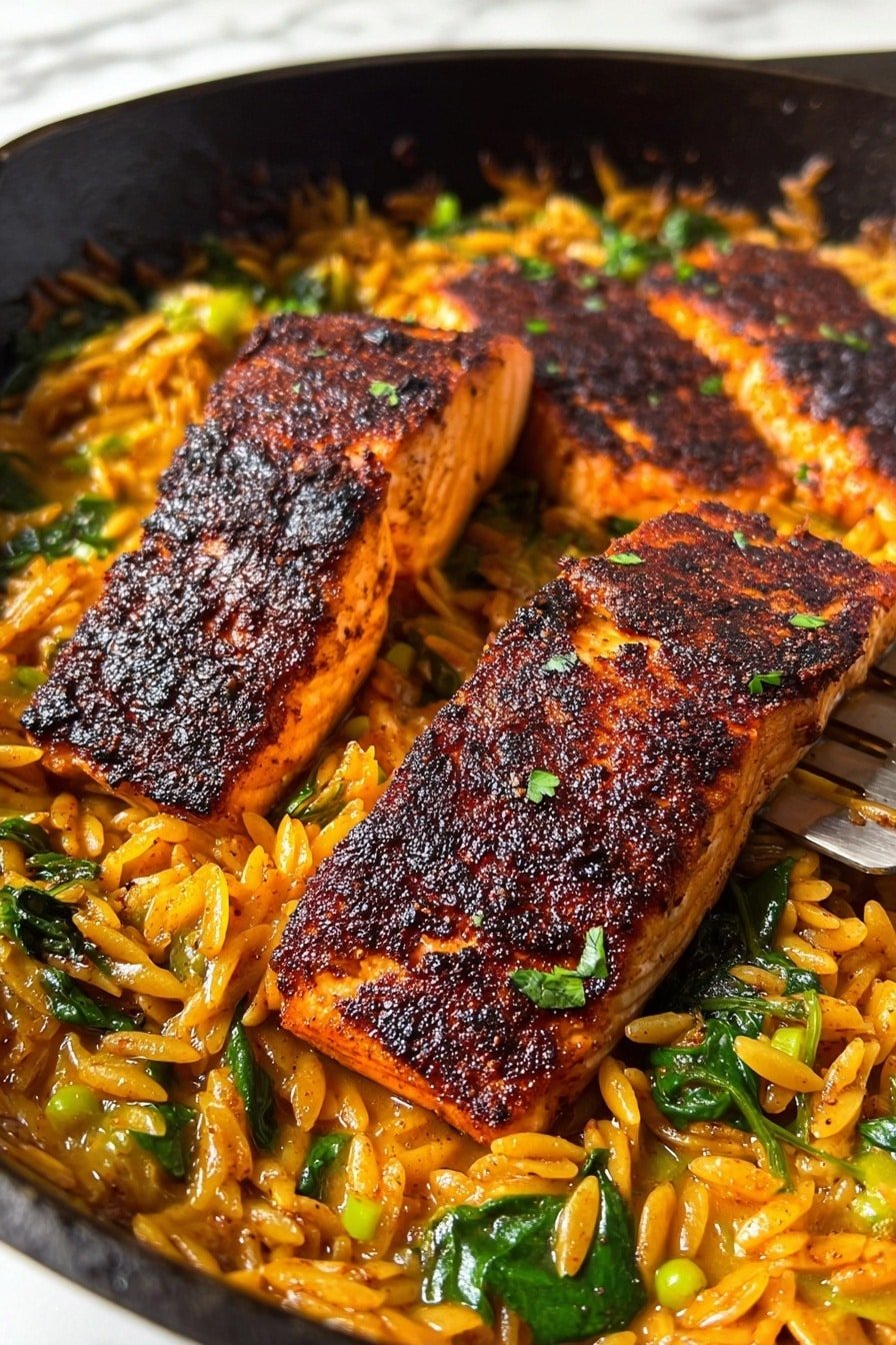 The image shows three thick pieces of fish with a dark brown, almost black crispy crust on top, placed over a creamy base of orange-yellow orzo pasta mixed with bright green spinach leaves and small bits of green pepper. The fish has a textured surface with uneven charred spots, and the pasta beneath it looks rich and saucy with a glossy finish. The dish is served in a black cast iron pan with a fork visible holding one piece of fish, all set on a white marbled surface. photo taken with an iphone --ar 2:3 --v 7