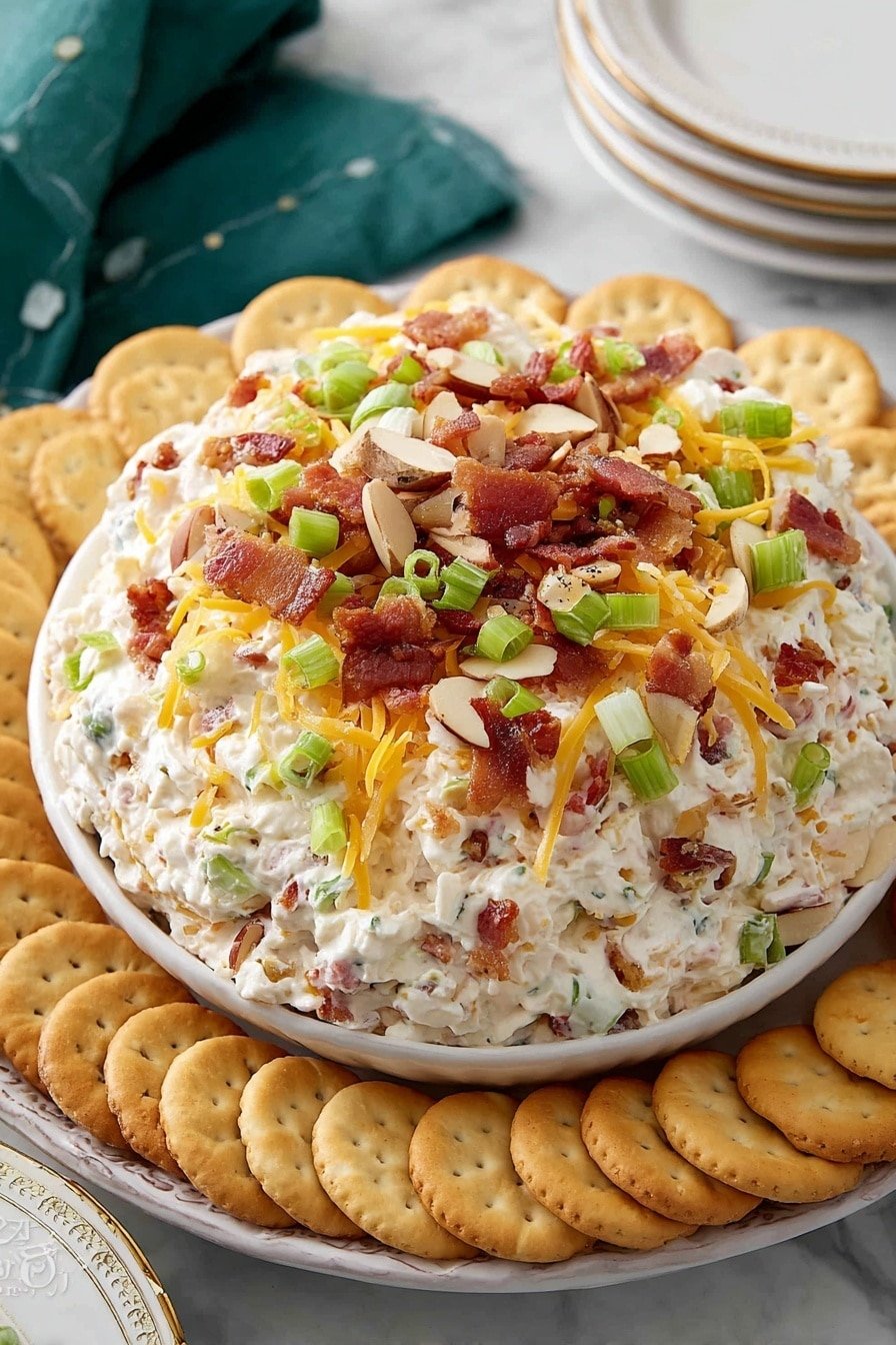 A deep ornate white plate with a blue bowl on top filled with a creamy white layer of cheese spread mixed with small chunks of bacon and green onions. The cheese spread is topped with thin yellow shredded cheese, crispy bacon bits, and sliced green onions scattered over the top layer. Around the bowl, there is a ring of golden round crackers arranged closely together on a white marbled texture surface. In the background, there are some plain white plates stacked and a floral cloth partially visible. photo taken with an iphone --ar 2:3 --v 7
