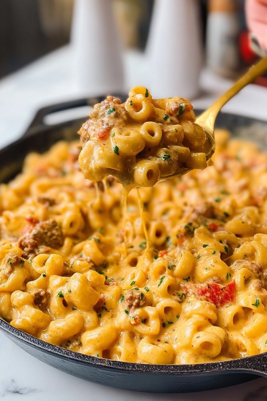 The image shows a close-up of a spoon lifting creamy pasta from a black skillet filled with elbow macaroni pasta in a thick cheese sauce that has a light orange-yellow color. The pasta sauce has some small pieces of what looks like chicken and red bell peppers, mixed with green herb bits. The skillet holds a big amount of the creamy pasta, and in the blurred background, there are red salt and pepper shakers and a candle on a blue coaster on a white marbled surface. A woman's hand holds the spoon, showing the creamy, textured macaroni in the foreground. photo taken with an iphone --ar 2:3 --v 7