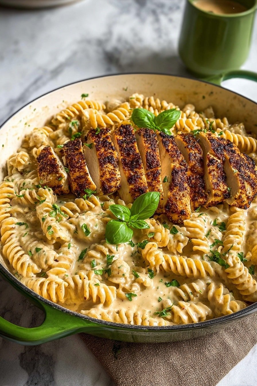 A shallow ornate white pan filled with creamy spiral pasta that has a thick light beige sauce mixed throughout. On top of the pasta, there are evenly sliced pieces of grilled chicken with a dark brown, slightly charred seasoning crust. The dish is garnished with small, fresh green basil leaves and finely chopped green herbs scattered across the pasta and chicken. In the blurred background, there is a lit beige candle on a white marbled surface. photo taken with an iphone --ar 2:3 --v 7