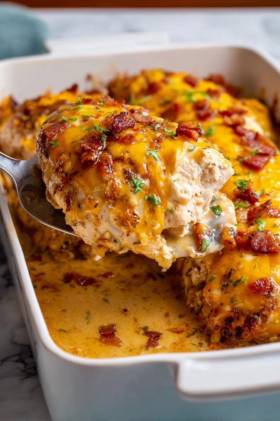 The image shows a close-up of a baked dish in a white rectangular casserole dish. The dish has multiple layers: a base layer of tender cooked meat with a golden-brown roasted texture, topped with melted yellow cheddar cheese that is bubbly and slightly browned in spots. Small bits of cooked crispy bacon or bits of dark red garnish are scattered on top, along with a sprinkle of green herbs for color. A metal spatula lifts one piece out, showing the moist and creamy sauce surrounding the meat underneath the cheese. The background is a white marbled texture. Photo taken with an iphone --ar 2:3 --v 7