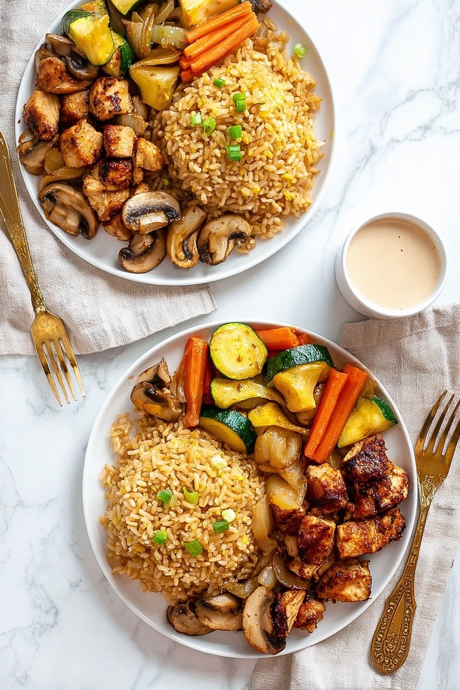 The image shows a round ornate white plate on a white marbled surface with a serving of fried rice on the left side, made of golden brown rice with small green onion pieces and bits of cooked egg mixed in, creating a textured, slightly shiny look. Below the rice is a portion of browned, grilled chicken pieces arranged in a cluster, showing a crispy surface with dark seared spots. On the right side of the plate is a small round cup filled with creamy light beige sauce. A gold fork held by a woman's hand is dipping a piece of chicken into the sauce. A light beige cloth napkin is folded and placed near the plate on the white marbled background. photo taken with an iphone --ar 2:3 --v 7