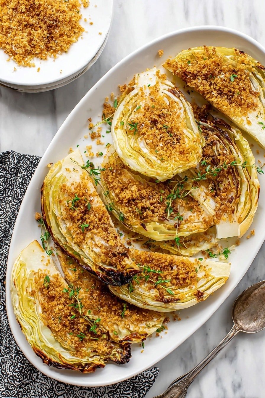The image shows a white oval plate holding eight roasted cabbage wedges arranged in a single layer. Each wedge has a golden-brown charred texture on the outer edges and a light yellow inside. The cabbage wedges are topped with a crunchy, toasted golden breadcrumb mixture that fills the center of each wedge. Small green herbs, including chopped chives and fresh thyme sprigs, are scattered across the cabbage and breadcrumbs. In the background, there is a white round plate with more toasted breadcrumbs on it set on a white marbled surface, next to a folded black and white patterned cloth. Two vintage silver spoons lie to the right of the oval plate. The photo taken with an iphone --ar 2:3 --v 7