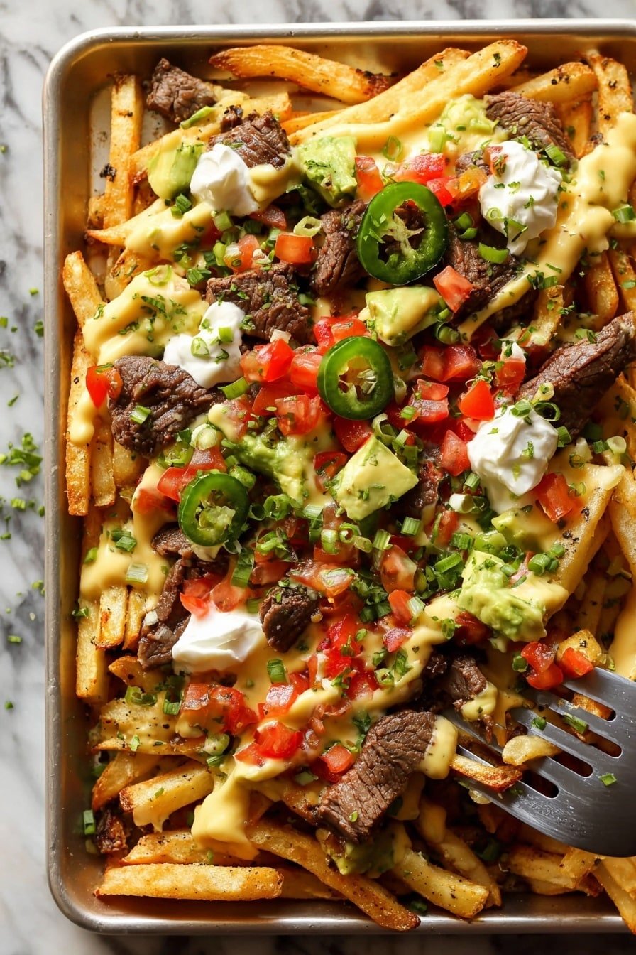 A white plate filled with a single layer of golden, crispy fries seasoned with black specks, topped with chunks of brown grilled steak spread evenly. Over the steak, there is a smooth, light yellow cheese sauce drizzled in lines across the dish. Bright red diced tomatoes mixed with bits of onion and green herbs are sprinkled, along with small cubes of pale green avocado. There are also thin green round slices of jalapeño peppers and dollops of white sour cream scattered on top. Tiny chopped green onions are spread all over as a final touch. A woman's hand holding a fork is picking up some fries from the right side. The background is a white marbled texture photo taken with an iphone --ar 2:3 --v 7