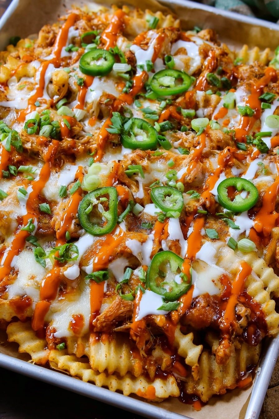 A close-up view of a loaded dish on a white tray, showing a bottom layer of crinkle-cut golden fries with a crunchy texture, topped with pieces of melted white cheese that look soft and stretchy. Over the cheese, there is an even layer of bright orange sauce that spreads across the dish, along with small dollops of white creamy sauce. Thin slices of green jalapeños and chopped green onions are scattered on top, adding fresh color and texture. The overall look is messy but colorful, with a mix of soft, crunchy, and saucy layers. The photo taken with an iphone --ar 2:3 --v 7