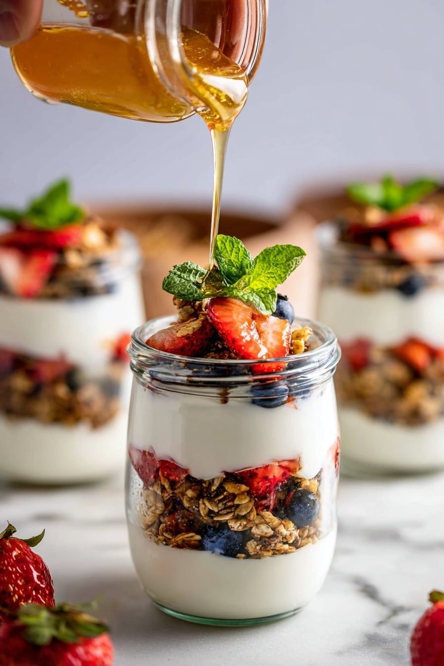 The image shows a clear glass cup with four visible layers. The bottom layer is white yogurt with pieces of blueberries and strawberries inside. The second layer is dark purple mixed berries, followed by another layer of white yogurt. The top layer consists of crunchy brown granola, fresh blueberries, small strawberry pieces, and a green mint leaf garnish in the center. The cup is placed on a white marbled surface with a small glass bottle nearby and blurred bowls with similar contents in the background. photo taken with an iphone --ar 2:3 --v 7