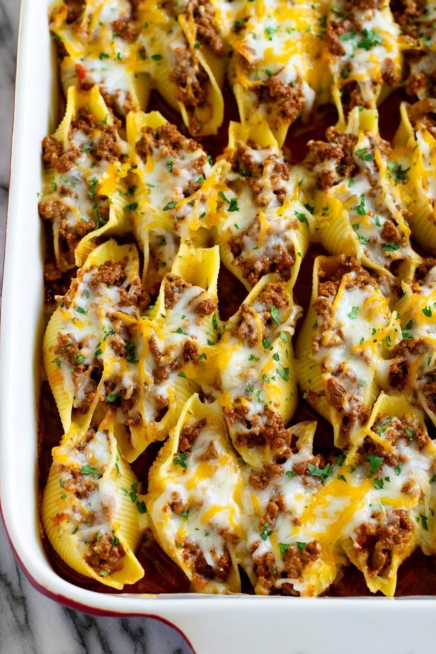 The image shows a white rectangular baking dish filled with a single layer of large pasta shells stuffed with a brown meat filling. Each shell is topped with a mix of melted yellow and white cheese, creating a creamy, slightly bubbly texture that spreads unevenly over the filling. The dish is finished with small bits of chopped green herbs sprinkled evenly across the top, adding a fresh contrast to the warm colors of the pasta and cheese. The background features a white marbled texture. photo taken with an iphone --ar 2:3 --v 7