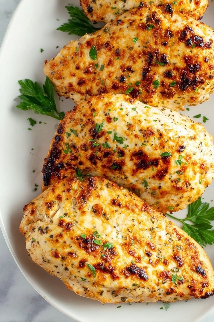 Three grilled chicken pieces lie side by side on a white plate, each showing a golden-brown textured top with small charred spots scattered across. The chicken has visible seasoning and is sprinkled lightly with finely chopped green herbs. Small parsley leaves are placed on and around the chicken, adding a fresh green accent. The plate rests on a white marbled surface. photo taken with an iphone --ar 2:3 --v 7