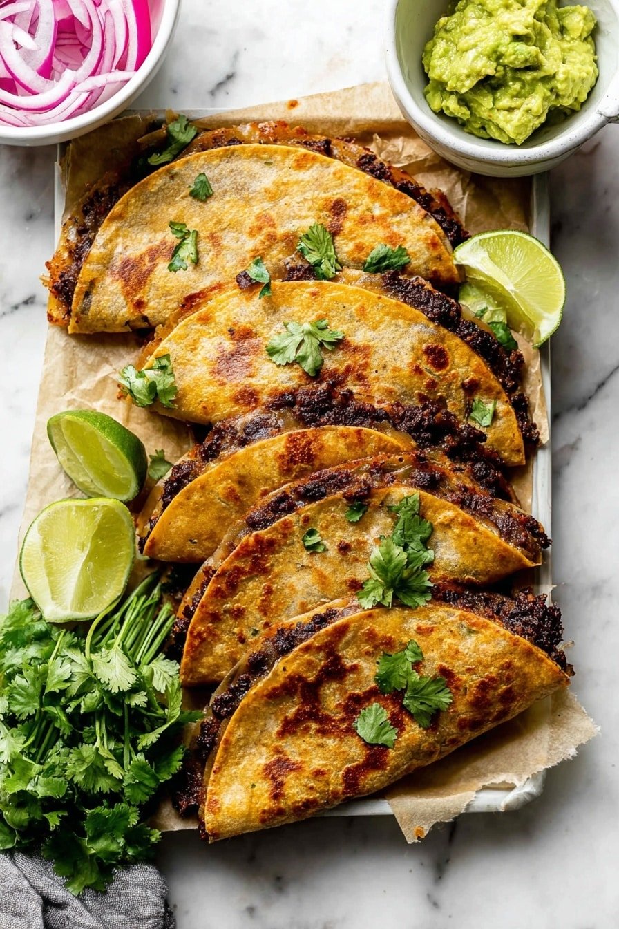 Four folded quesadillas are stacked on white paper, each having a golden-brown crispy outer layer with some darker toasted spots. The filling is dark brown with a slightly coarse texture and peeks out unevenly from the edges. Green cilantro leaves are scattered on top of the quesadillas and around the edges. On the bottom left, there is a bunch of fresh green cilantro next to lime wedges with bright green skin and pale green juicy interiors. To the left side, a white bowl holds thin slices of red onion, and on the right side, a white bowl contains a scoop of mashed green guacamole. The whole arrangement sits on a tray placed on a white marbled surface. Photo taken with an iphone --ar 2:3 --v 7
