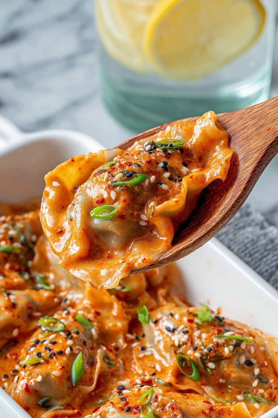 A close-up view of a white spoon holding a single dumpling covered in thick, creamy orange sauce with specks of red chili and black sesame seeds. The dumpling is garnished with green sliced scallions and sprinkled with white sesame seeds. In the background, there is a white bowl filled with more dumplings coated in the same orange sauce and garnished with the same ingredients. The setting is on a white marbled surface, with a tall clear glass containing lemon slices partially visible behind the spoon. photo taken with an iphone --ar 2:3 --v 7