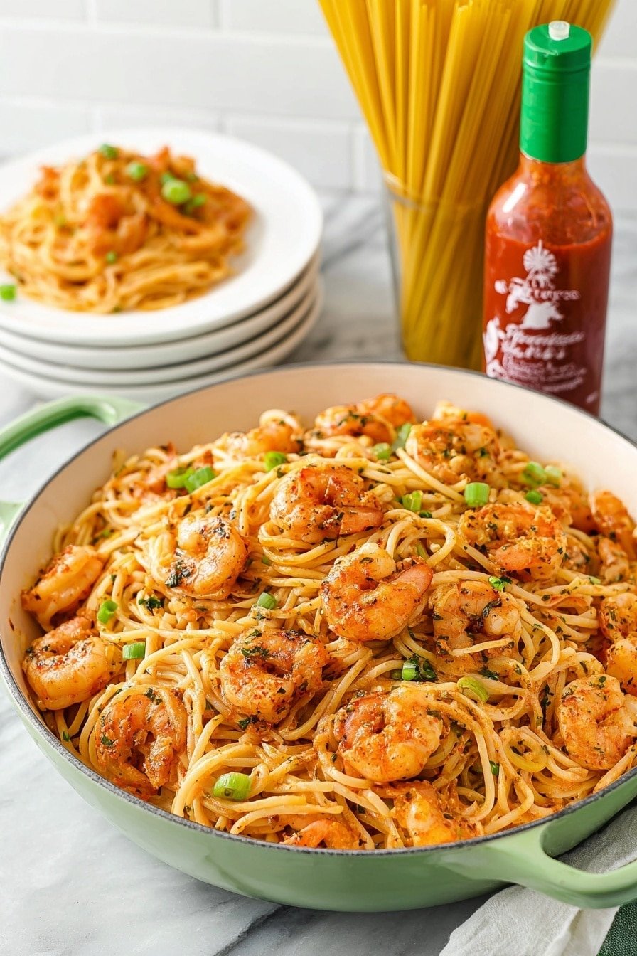 A white bowl filled with a large pile of spaghetti noodles mixed with many small, pink cooked shrimp, each coated in herbs and spices that add specks of green and red. The noodles have a light orange sauce that glistens, and chopped green onions are scattered on top, adding a fresh green color. In the background, there is a white marbled surface with a bundle of uncooked yellow spaghetti in a glass and a bottle of red hot sauce with a green cap. A smaller stack of white plates with a smaller serving of the shrimp pasta is placed slightly behind the main bowl. Photo taken with an iphone --ar 2:3 --v 7