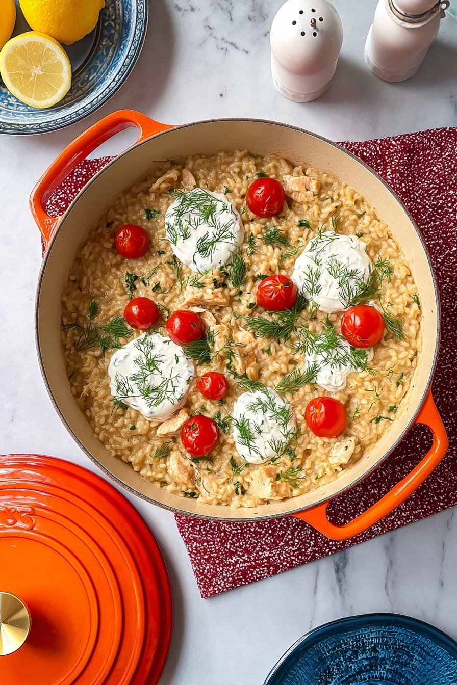 A large teal cast iron pot filled with creamy beige risotto mixed with small chunks of cooked chicken and green herbs evenly spread throughout. On top, there are five dollops of white creamy sauce topped with fresh green dill leaves placed evenly in a circle, each dollop surrounded by small red roasted cherry tomatoes. The pot is on a white marbled surface with a blue and white textured cloth nearby. To the right, the teal pot lid with a gold handle lies on the surface, and in the upper background are two blue salt and pepper grinders, a half lemon, and a small blue dish. Photo taken with an iphone --ar 2:3 --v 7