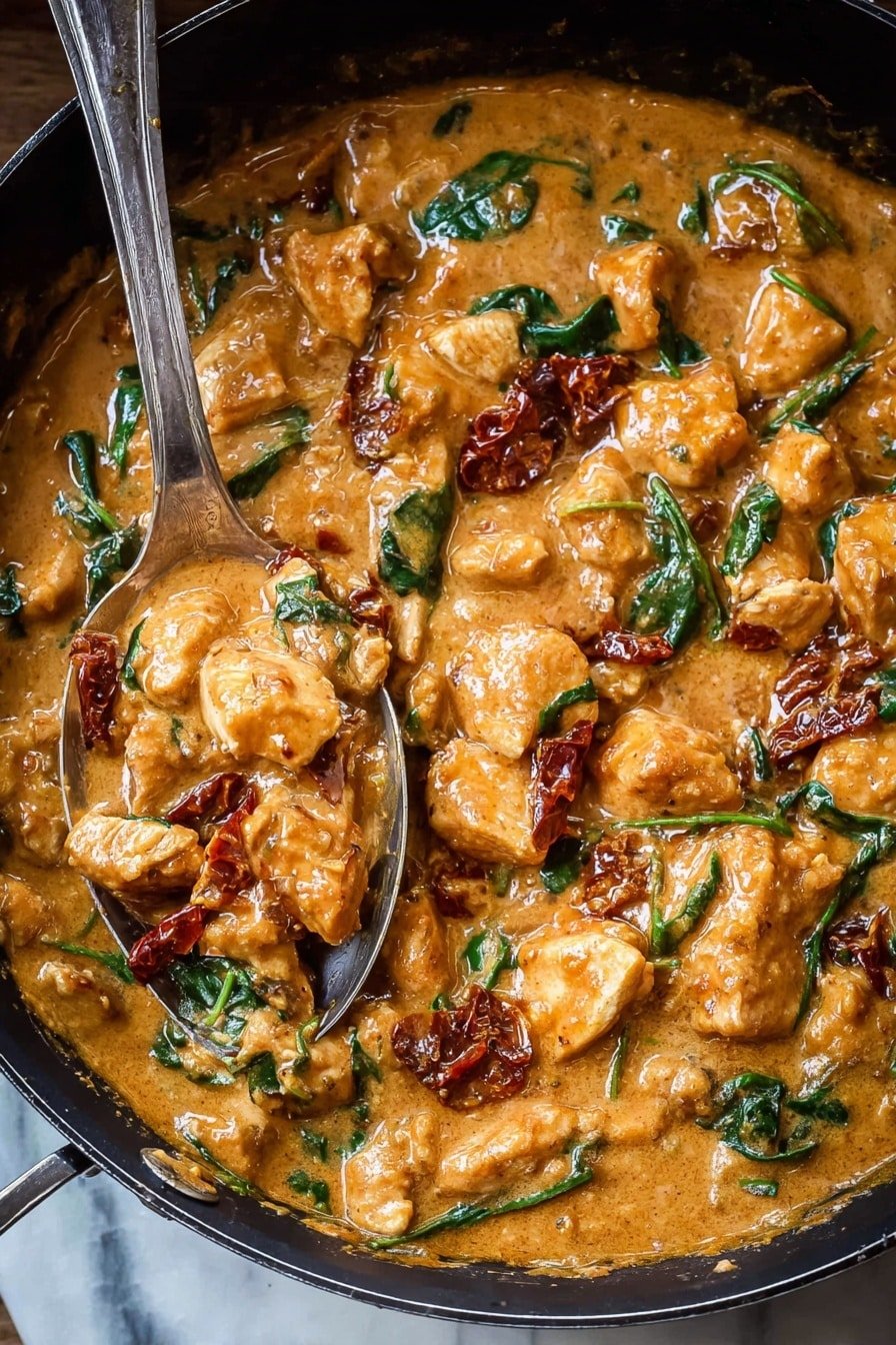 The image shows a black pan filled with creamy orange-brown sauce and tender chunks of cooked meat evenly mixed with wilted bright green spinach and small pieces of dark red sun-dried tomatoes. A silver spoon, resting in the pan, holds a serving of the meat coated in the thick sauce along with some spinach and tomato pieces on top. The dish has a rich and smooth texture with visible herbs and spices in the sauce. The pan is placed on a white marbled surface. photo taken with an iphone --ar 2:3 --v 7