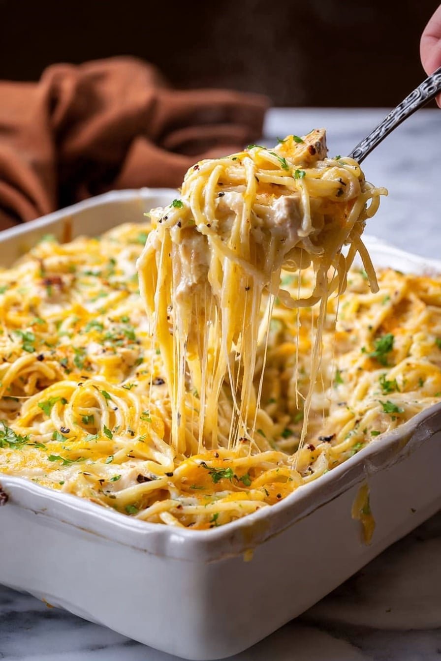 The image shows a deep ornate white rectangular baking dish filled with spaghetti pasta topped with melted golden yellow cheese and sprinkled with green chopped herbs and small black pepper bits. The pasta is creamy with spaghetti strands stretching as a fork is lifting a serving from the dish. Steam rises from the hot pasta, and a woman's hand holds the fork, giving a close-up view of the cheesy, stringy texture. The background is dark, and the dish is set on a white marbled surface. Photo taken with an iphone --ar 2:3 --v 7