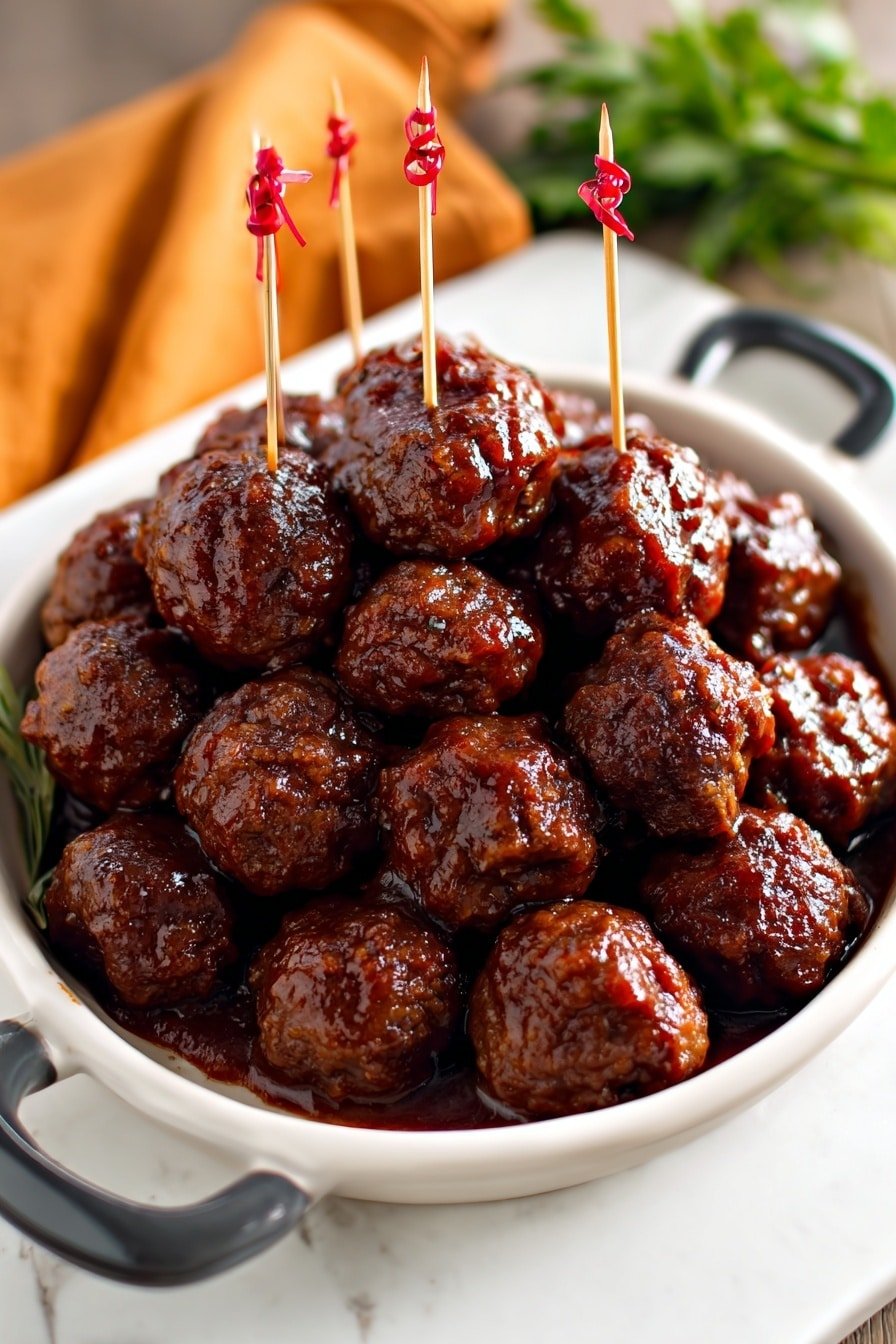 A white rectangular plate filled with a pile of shiny, dark brown meatballs coated in a thick sauce. The meatballs are roughly round and vary slightly in size, packed closely together, and some sauce pools at the bottom of the plate. Three toothpicks with red twisted tops are inserted upright into different meatballs near the center. The plate sits on a white marbled surface, with an out-of-focus green herb bunch and a folded orange cloth in the background. The lighting highlights the glossy texture of the sauce on the meatballs. photo taken with an iphone --ar 2:3 --v 7
