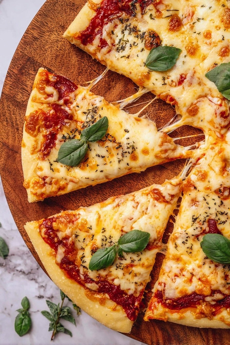 A close-up view of a pizza with one large slice being lifted, showing stretchy melted cheese in light yellow with hints of golden brown on top, spread over a layer of bright red tomato sauce. The pizza has a golden yellow crust that looks soft and slightly thick, edged around the slices. Fresh green basil leaves are placed on each slice, and small bits of black herbs are sprinkled over the cheese. The pizza slices sit on a round wooden board on a white marbled texture surface. Photo taken with an iphone --ar 2:3 --v 7