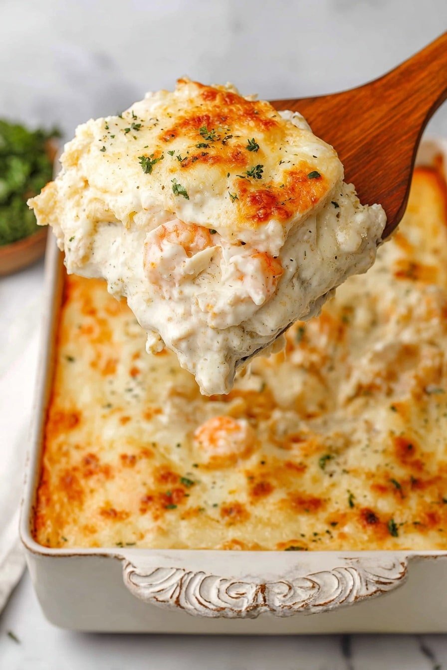 A thick square piece of creamy, cheesy casserole is being lifted by a wooden spatula over an ornate white rectangular baking dish. The top layer is golden and slightly browned baked cheese, dotted with small green parsley bits. Below the cheese is a rich white sauce with visible chunks of light orange shrimp mixed in, creating a textured look with smooth and bubbly parts. The inside layers show more shrimp and creamy sauce blending together. The dish rests on a white marbled surface with soft natural lighting highlighting the warm, comforting colors of the casserole. Photo taken with an iphone --ar 2:3 --v 7