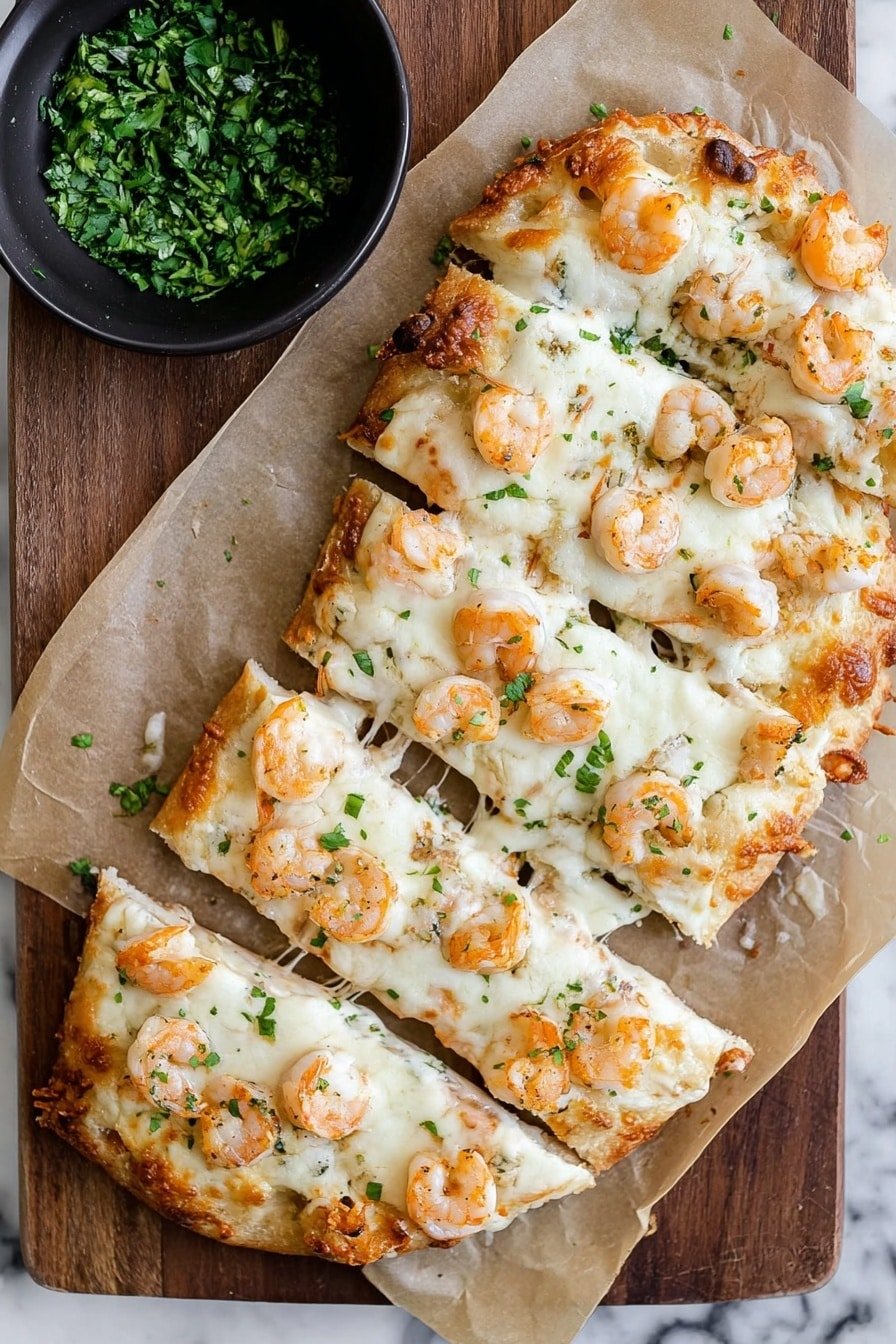 The image shows a wooden board with a parchment paper holding a shrimp pizza cut into six rectangular slices. The pizza has a golden brown crust base topped with a thick layer of melted white cheese, scattered with small cooked shrimp that are light orange with some char marks. There are small green herb bits sprinkled over the surface of the melted cheese. In the top left corner, there is a black bowl filled with finely chopped green herbs. The background is a white marbled texture. Photo taken with an iphone --ar 2:3 --v 7