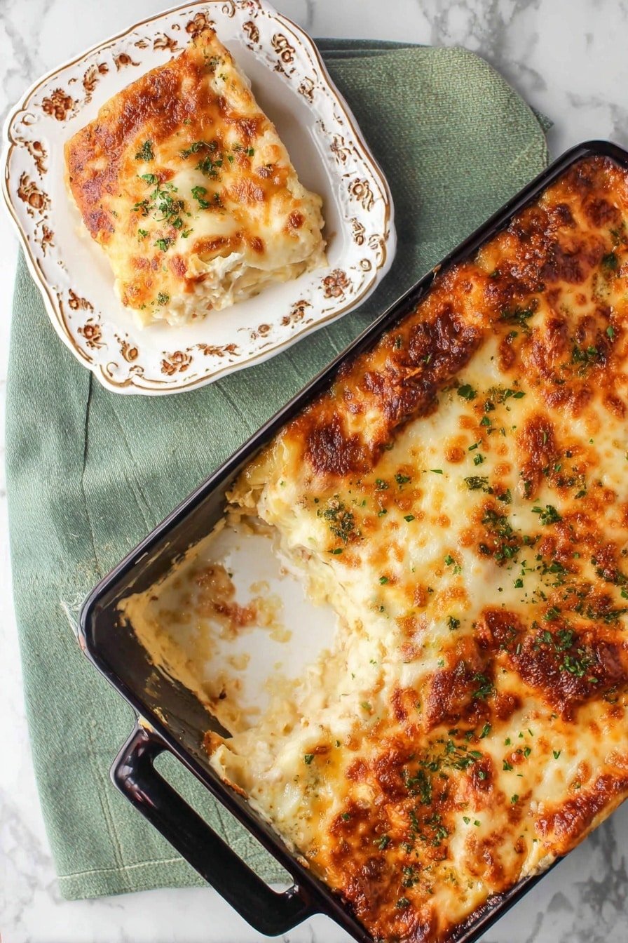 The image shows a large blue-handled rectangular baking dish filled with a cheesy casserole that has a golden brown crust sprinkled with green herbs on top. A big square piece is taken out, revealing creamy white sauce and pasta layers underneath. The removed piece is on a small ornate white square plate beside the dish, matching the casserole with golden cheesy top and herbs. The baking dish and plate sit on a colorful floral cloth over a white marbled surface. Photo taken with an iphone --ar 2:3 --v 7