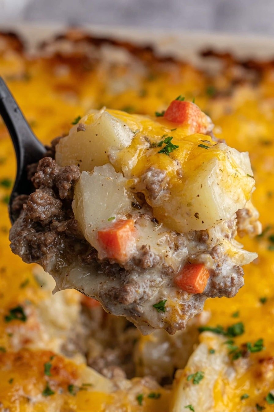 A close-up view of a thick, creamy casserole mixture held by a black spoon against a blurry background of more casserole. The dish shows layers of light tan ground beef, soft white potato chunks, diced orange carrots, and melted yellow cheddar cheese strands, all coated in a smooth, glossy sauce. Small green herb pieces lightly garnish the top, adding a fresh color contrast. The texture looks rich and hearty with a mix of soft and slightly firm bits. Photo taken with an iphone --ar 2:3 --v 7