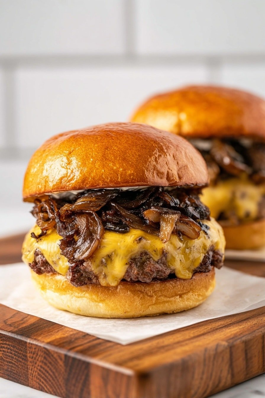 Two burgers are shown on a wooden board with white parchment paper. Each burger has three main layers visible: a golden brown shiny bun on top, a thick grilled beef patty melting with creamy yellow cheese, and a generous layer of dark brown sautéed mushrooms and onions on top of the cheese. The bottom of the bun looks toasted lightly. The background is a soft white marbled texture with blurred white tiles. The front burger is in full focus, showing juicy and rich textures. Photo taken with an iphone --ar 2:3 --v 7