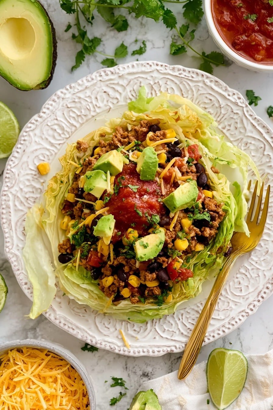 A large round slice of grilled cabbage with light green and white layers forms the base on an ornate white plate, topped with seasoned browned ground meat, bright yellow corn kernels, black beans, and chunks of green avocado. Fresh green lettuce and chopped red tomatoes add color on top, finished with small shreds of yellow cheese and a spoonful of red salsa in the center. A green lime wedge sits on the side of the plate, and a gold fork rests on the plate’s edge. The background is a white marbled texture with some cilantro leaves scattered nearby, and bowls of shredded yellow cheese, red salsa, and lime wedges are partially visible. photo taken with an iphone --ar 2:3 --v 7