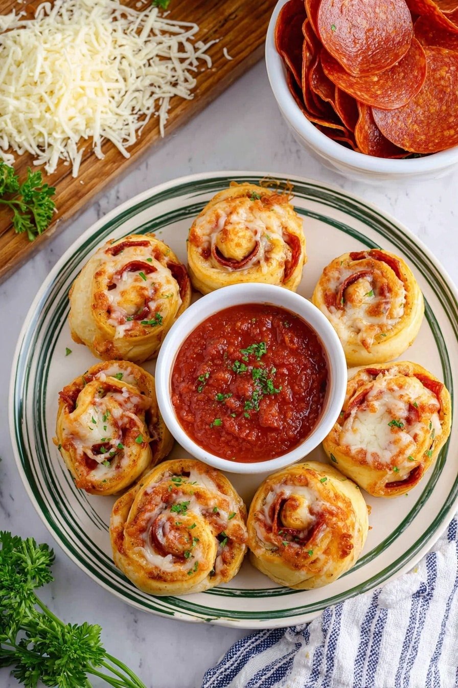 A round ornate white plate with blue stripes holds nine pizza roll-ups arranged in a circle around a small bowl of thick red marinara sauce topped with green parsley bits. Each roll-up has golden brown baked dough with visible layers showing melted white cheese and red pepperoni slices inside, with some cheese slightly melted on top. Nearby, a white bowl contains overlapping pepperoni slices on a white marbled surface. A wooden board with shredded white cheese and green parsley sprigs add fresh color to the scene. A white and blue-striped cloth is placed near the plate. Photo taken with an iphone --ar 2:3 --v 7