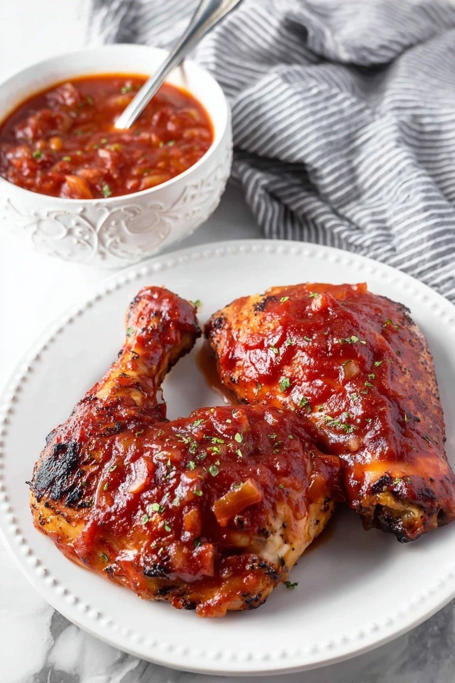 Two grilled chicken leg quarters covered with a thick, glossy red barbecue sauce sit side by side on an ornate white plate. The sauce is chunky, with visible pieces of onion and peppers, and small green herb sprinkles add contrast. In the background, there is an ornate white bowl filled with a similar chunky red sauce, with a silver spoon inside. The plate and bowl rest on a white marbled surface, and a gray and white striped cloth is softly draped nearby. photo taken with an iphone --ar 2:3 --v 7