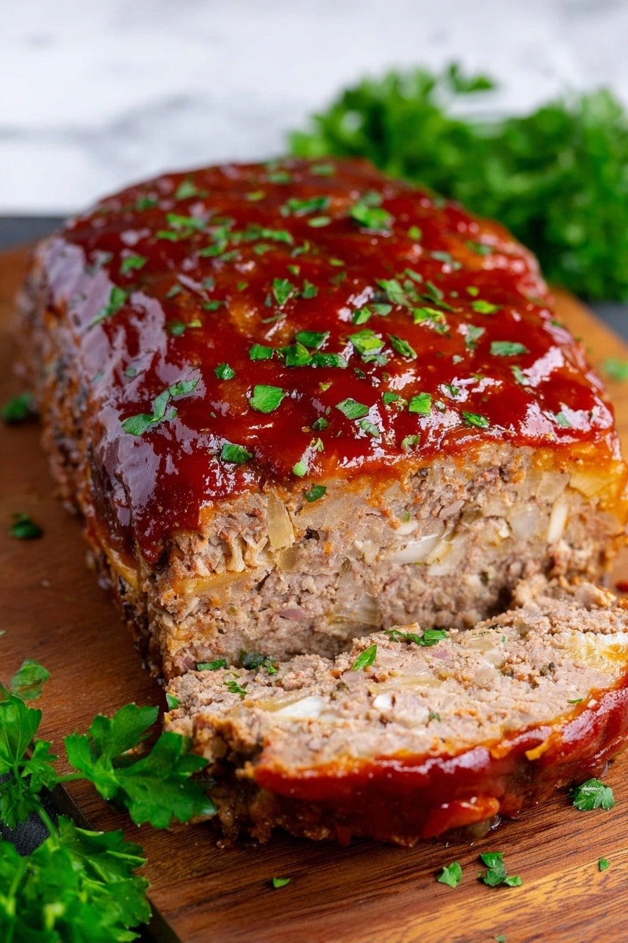 A close-up image of a thick meatloaf with a glossy, reddish-brown sauce layer covering the top, sprinkled with small green herb pieces. The meatloaf's sliced section shows a dense, light brown inside with visible bits of onions and spices. The dish is set on a wooden surface with some fresh green parsley behind the meatloaf and scattered around it. The background has a white marbled texture. photo taken with an iphone --ar 2:3 --v 7