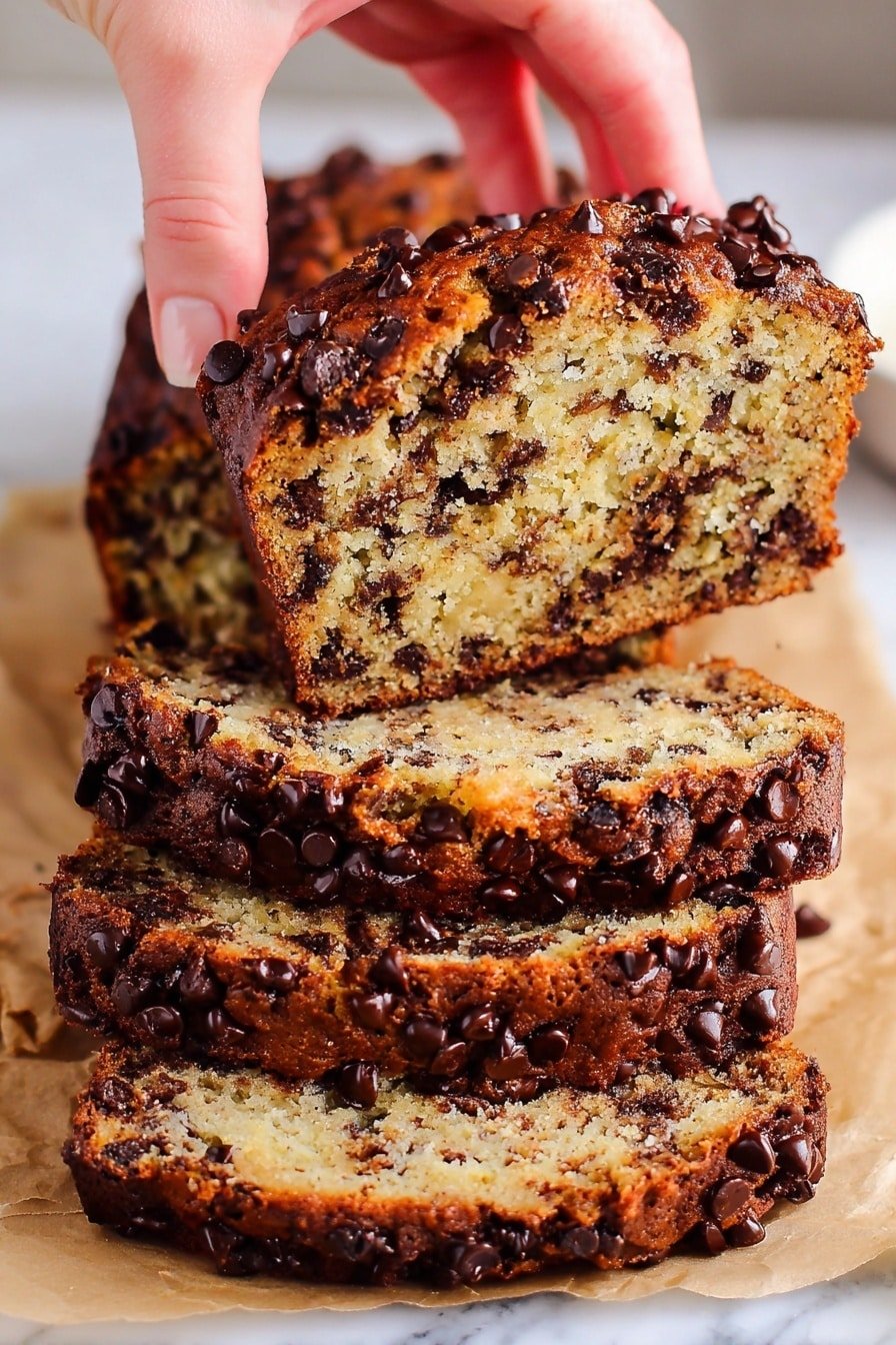 Close-up side view of sliced Chocolate Chip Banana Loaf with golden crust and melted chocolate chips