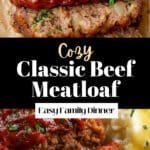 Tall Pinterest-style photo showcasing Classic Baked Meatloaf with rich red glaze and herb sprinkles