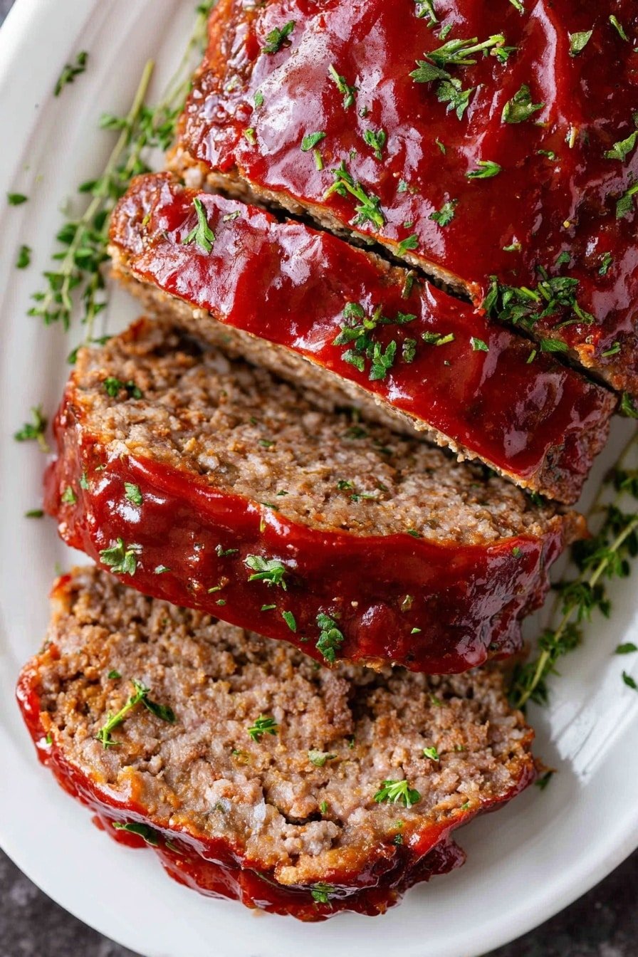 Close-up overhead of Classic Baked Meatloaf sliced with glossy red glaze and herb garnish