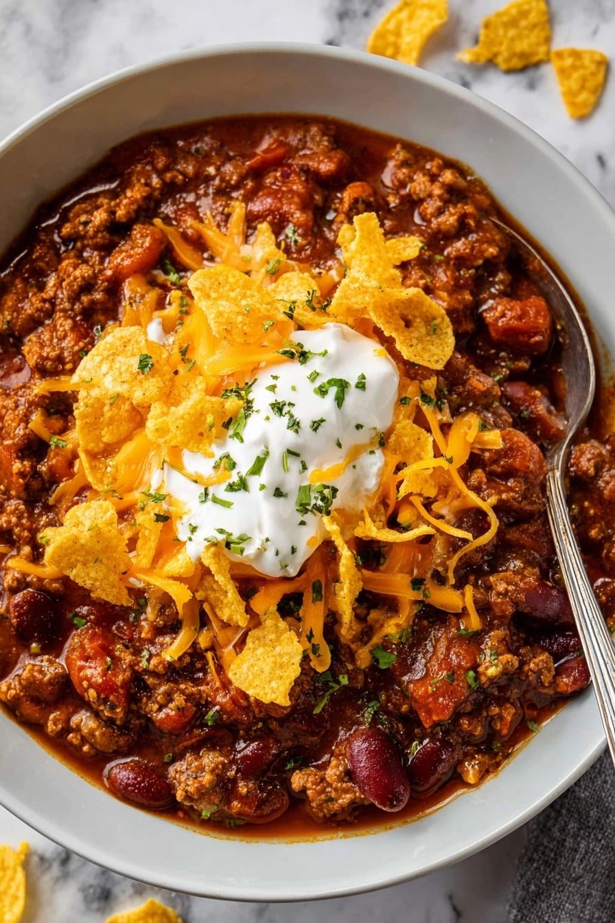 Close-up angled bowl of Hearty Ground Beef Chili with cheddar, sour cream, corn chips