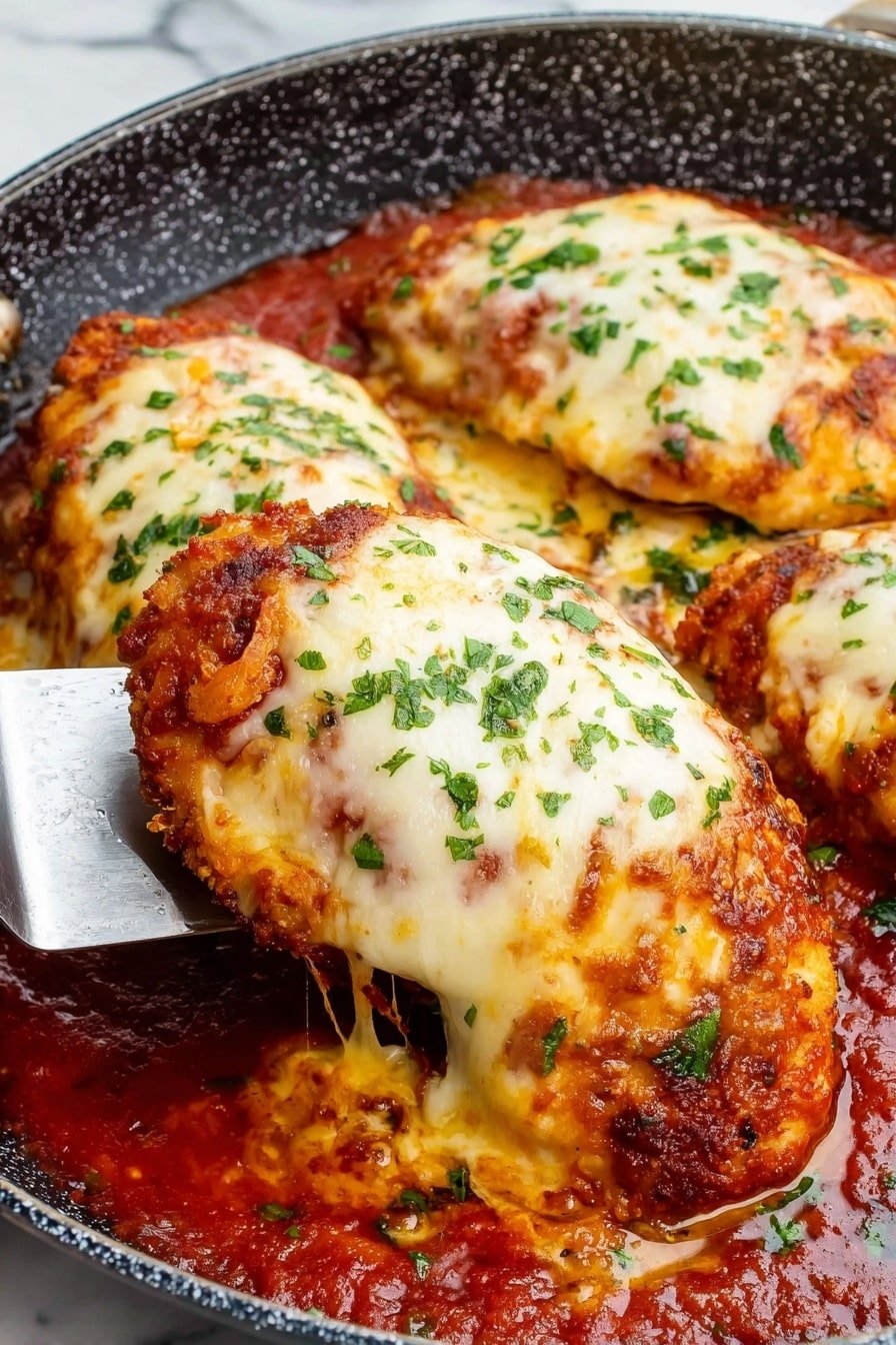 Close-up side shot of One-Pan Chicken Parmesan in skillet with melted cheese and parsley