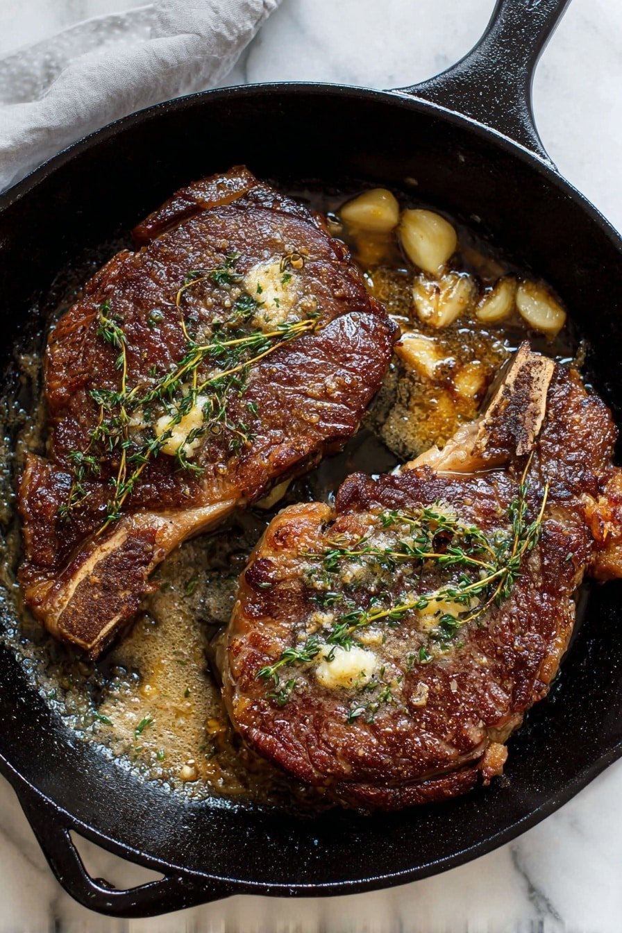 Close-up of Pan-Seared Ribeye with Herb Butter and roasted potatoes, butter being poured
